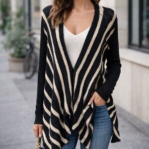 Free People Oversized Knit Cardigan Medium Black Cream Stripe Snap Front Pockets